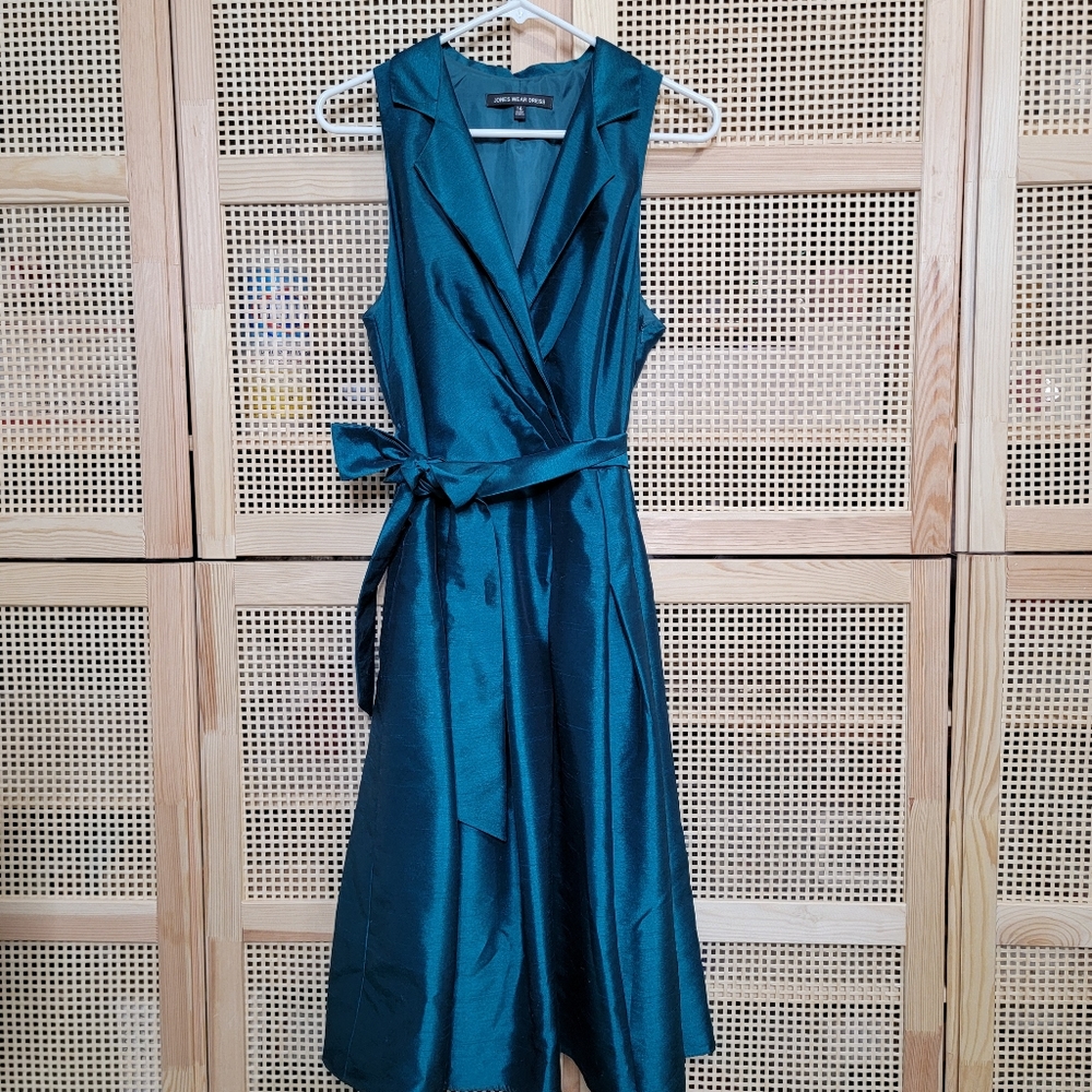 Jones New York Wear Dress Teal Green Shimmer Collared Midi Dress Sz 14